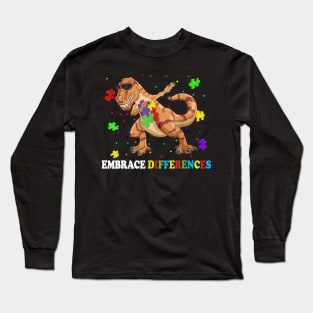 Embrace Differences Dabbing T-Rex Autism Awareness Dinosaur Long Sleeve T-Shirt